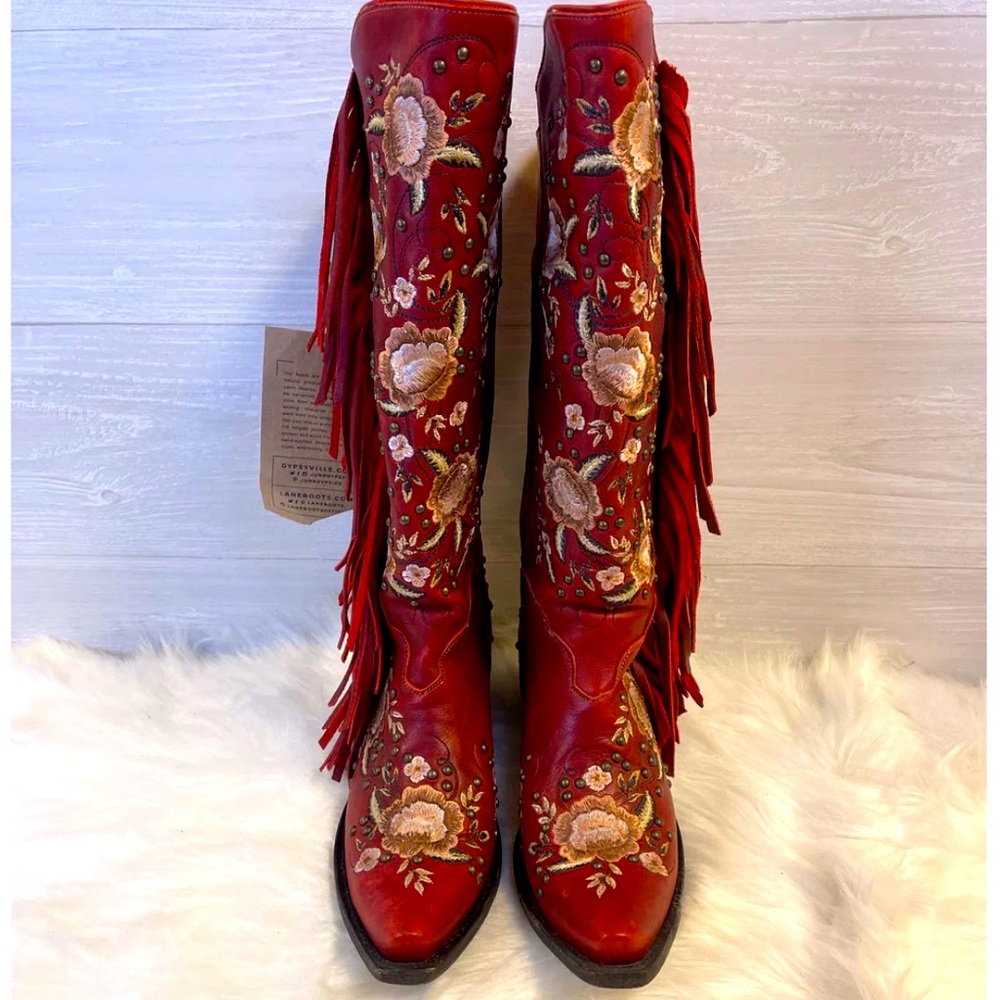 Junk Gypsy By Lane Ruby Red Fringe Embroidered Studded Cowgirl Boots